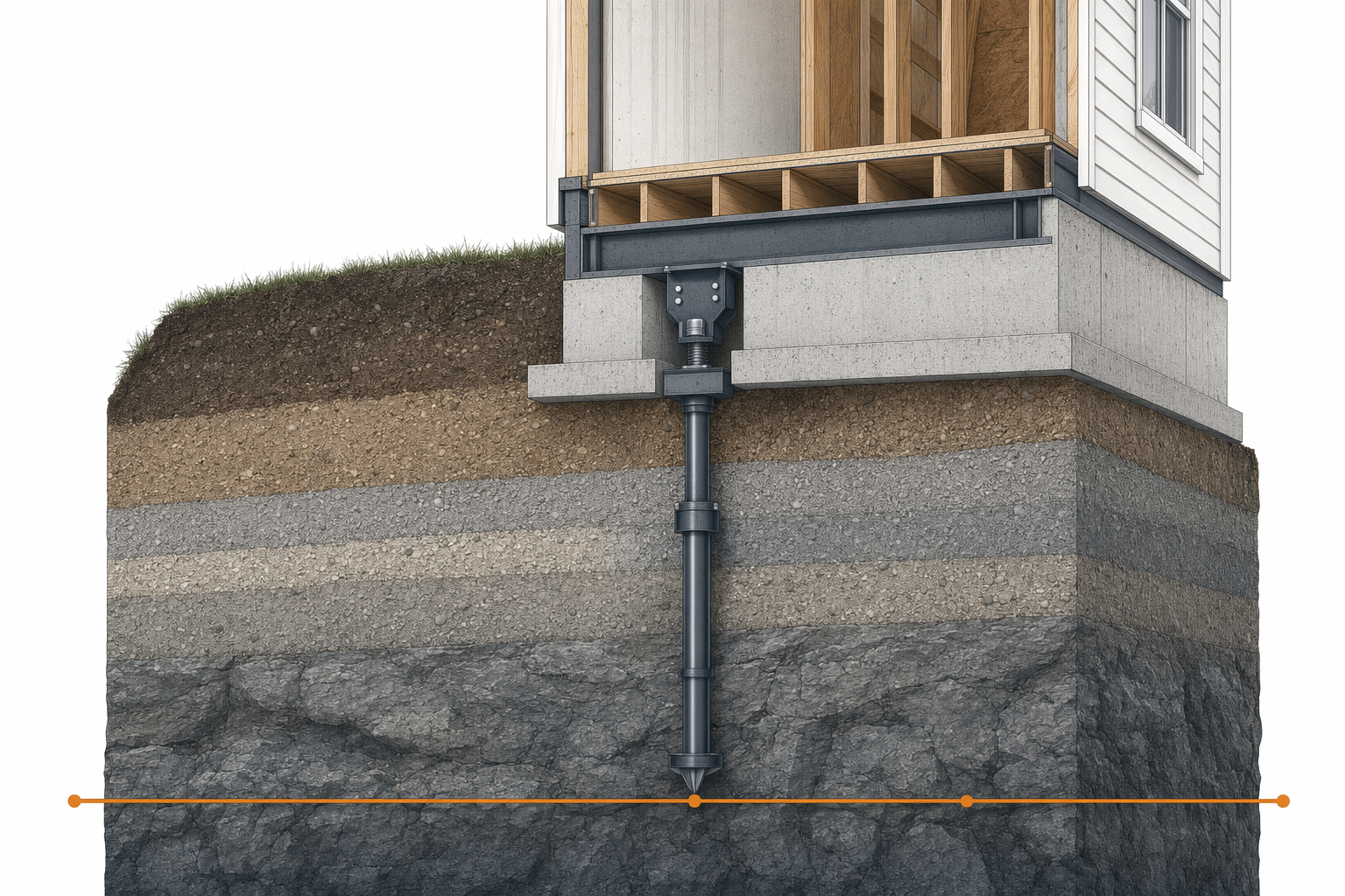 Illustration of a house foundation cross-section showing soil strata, a load-bearing line, and a steel pier supporting the footing